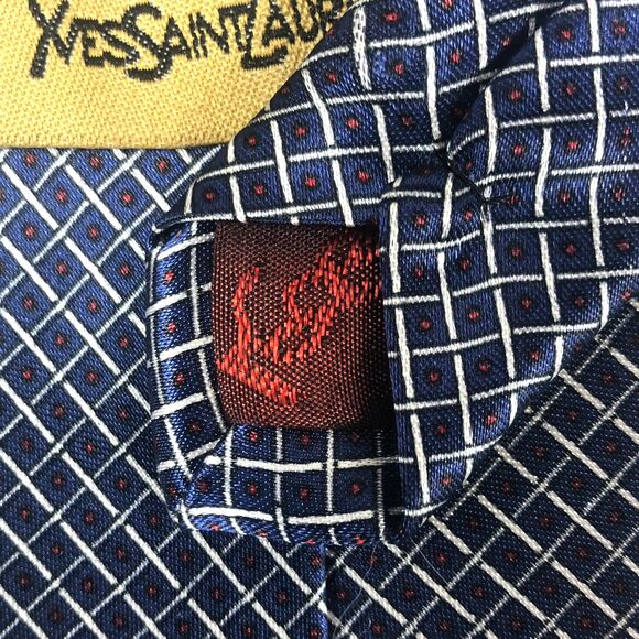 Yves Saint Laurent YSL Paris Tie 100% Silk Handmade Blue Geometric Grid Pattern - Picture 9 of 9